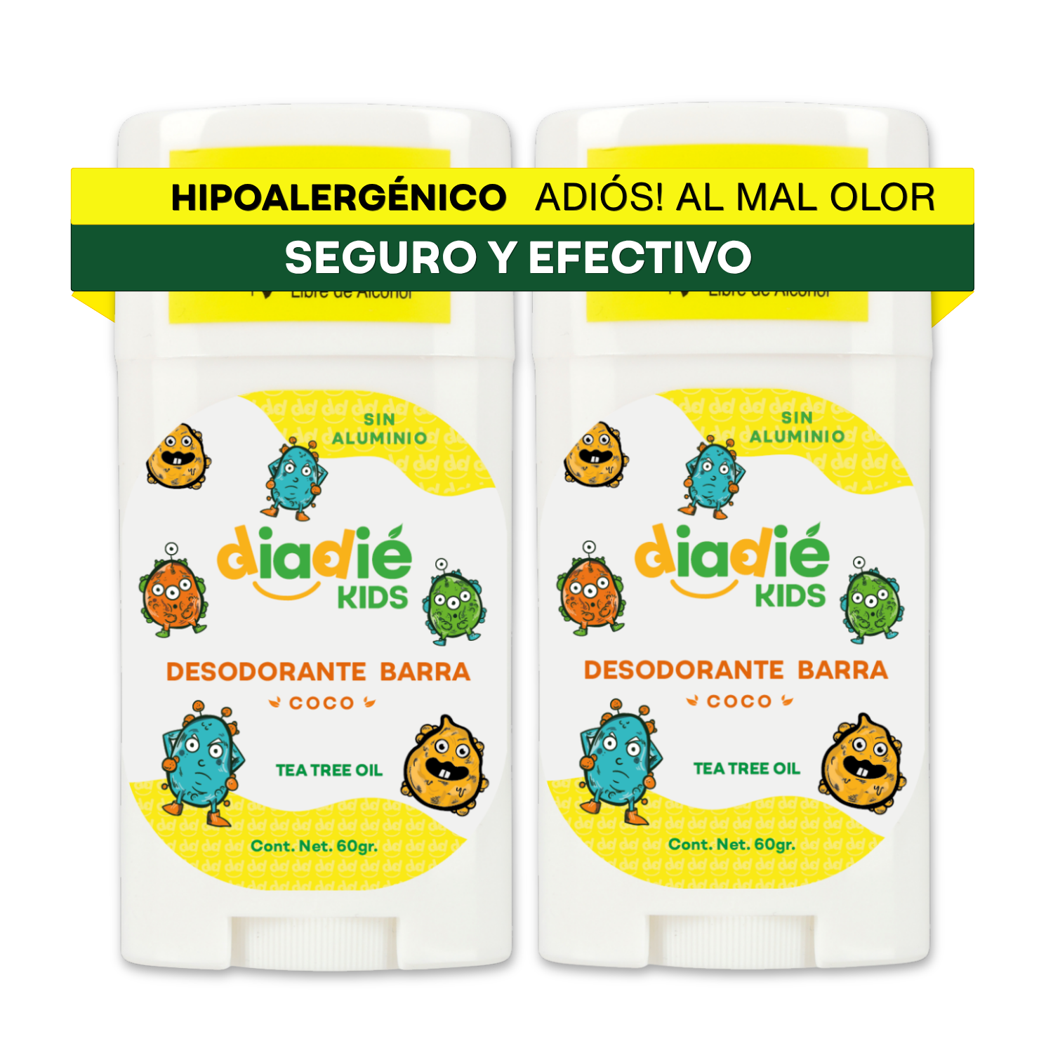 DIADIE KIDS Desodorante Natural para Niños | Sin Aluminio | Hipoalergénico | Original | 7+ años | 60g | 2 Piezas