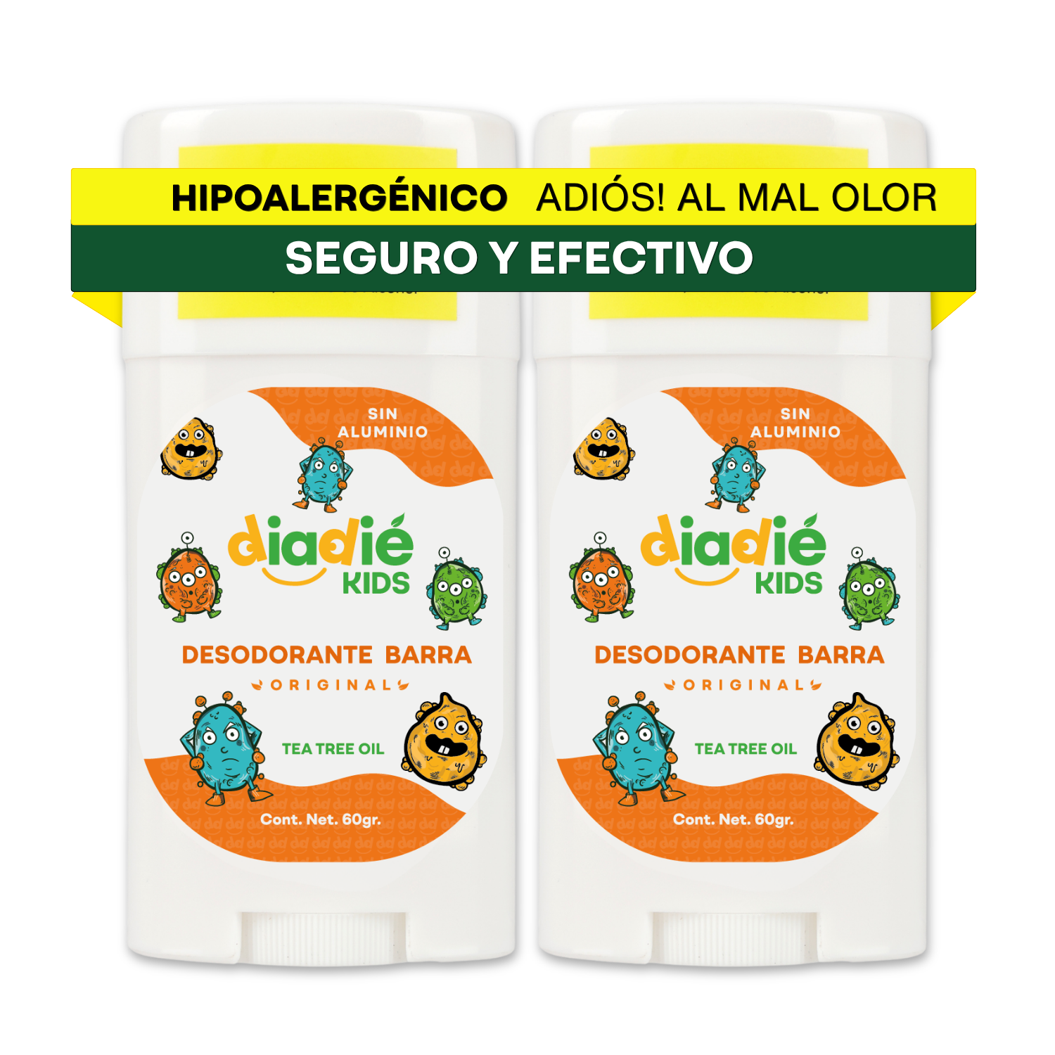 DIADIE KIDS Desodorante Natural para Niños | Sin Aluminio | Hipoalergénico | Original | 7+ años | 60g | 2 Piezas