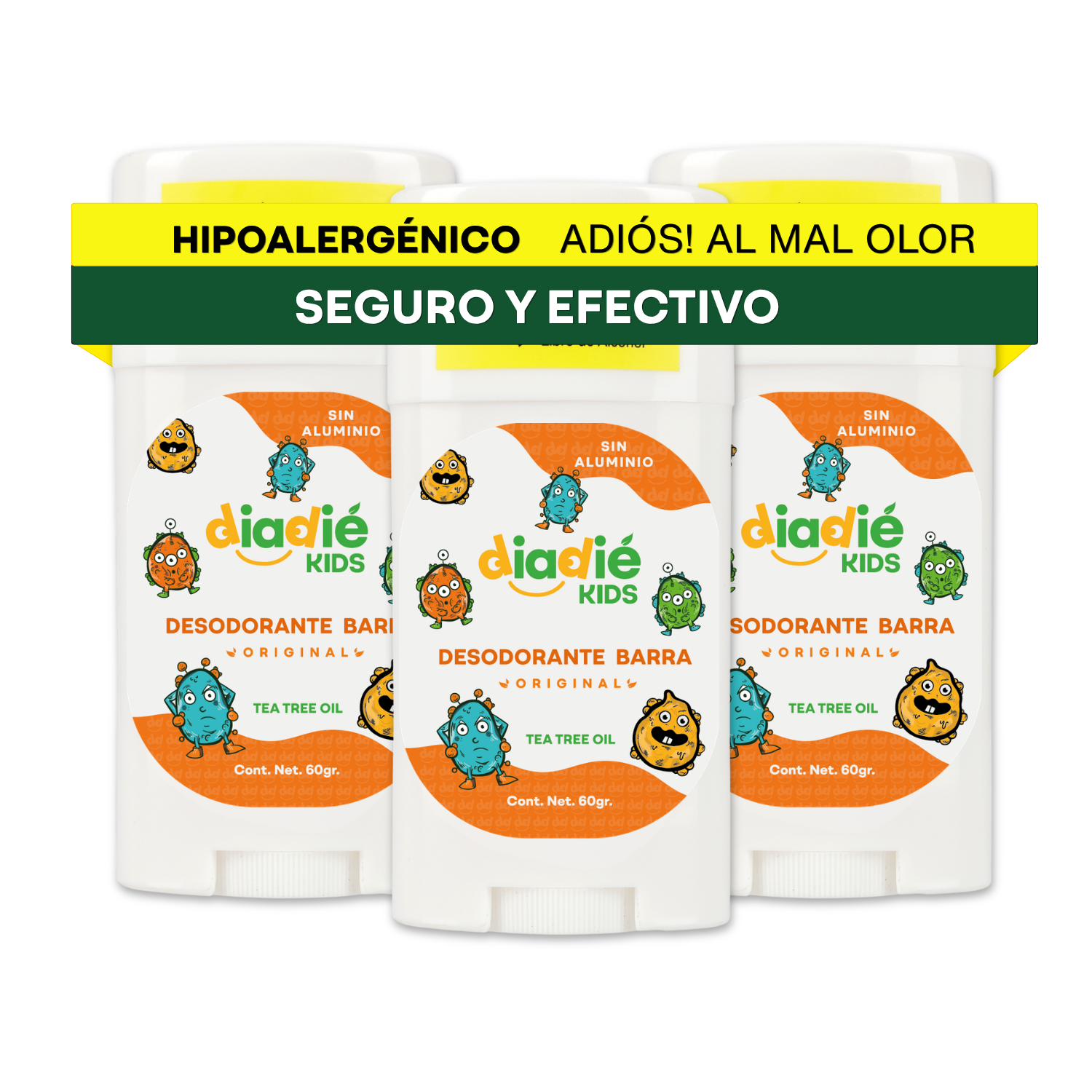 DIADIE KIDS Desodorante Natural para Niños | Sin Aluminio | Hipoalergénico | Original | 7+ años | 60g | 2 Piezas