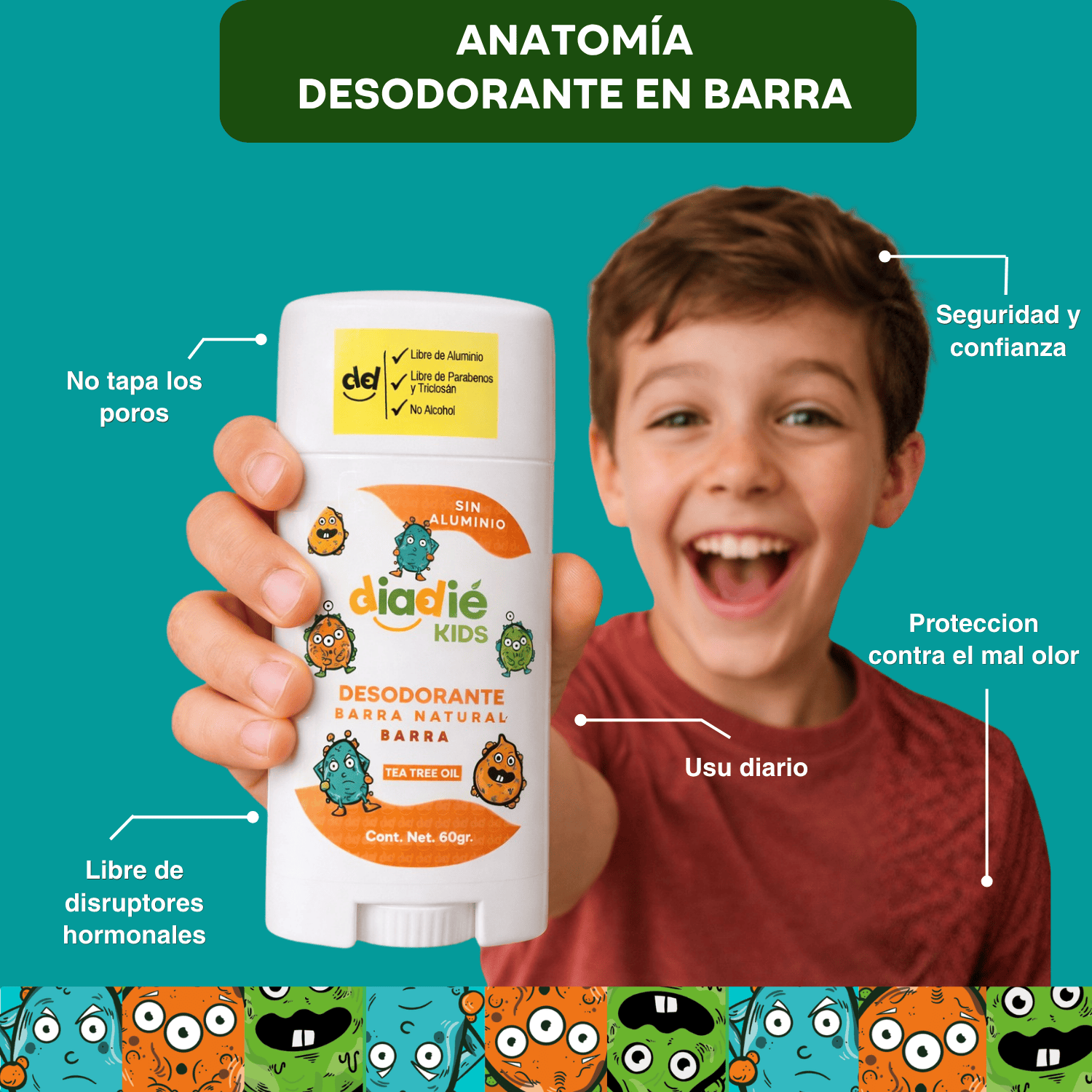 DIADIE KIDS Desodorante Natural para Niños | Sin Aluminio | Hipoalergénico | Original | 7+ años | 60g | 2 Piezas