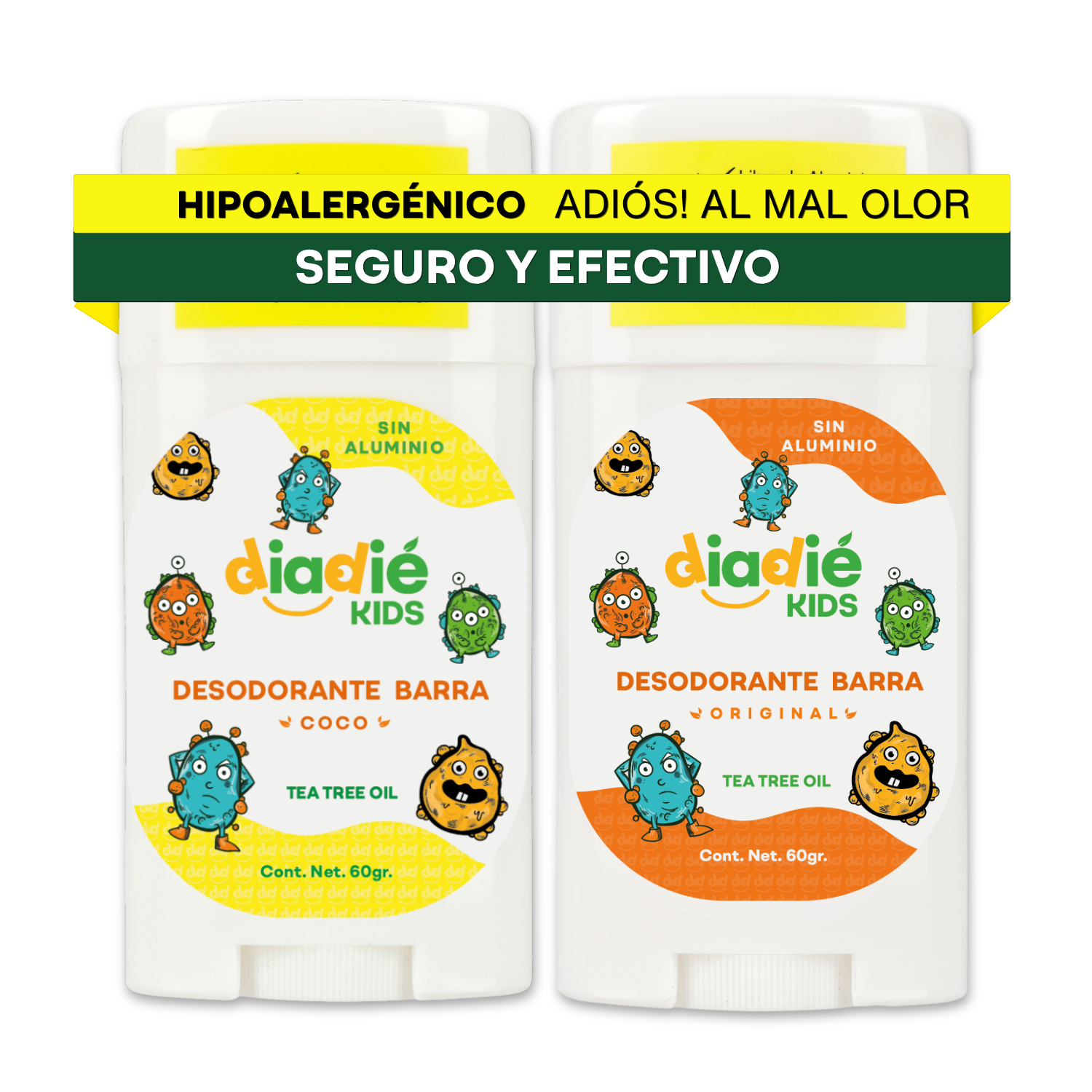 DIADIE KIDS Desodorante Natural para Niños | Sin Aluminio | Hipoalergénico | Original | 7+ años | 60g | 2 Piezas