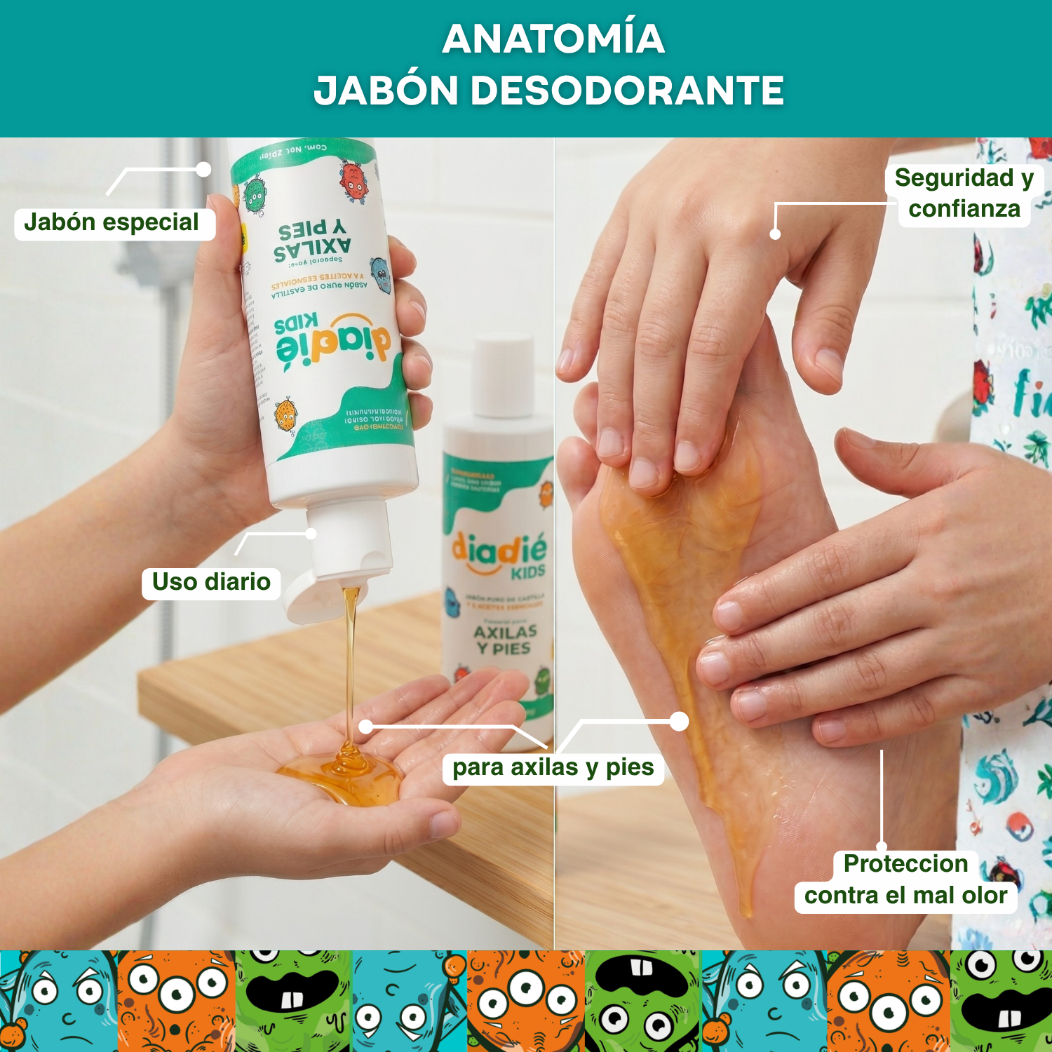 DIADIE KIDS Jabón líquido desodorante para axilas y pies. Para niños. Unisex. Elimina mal olor
