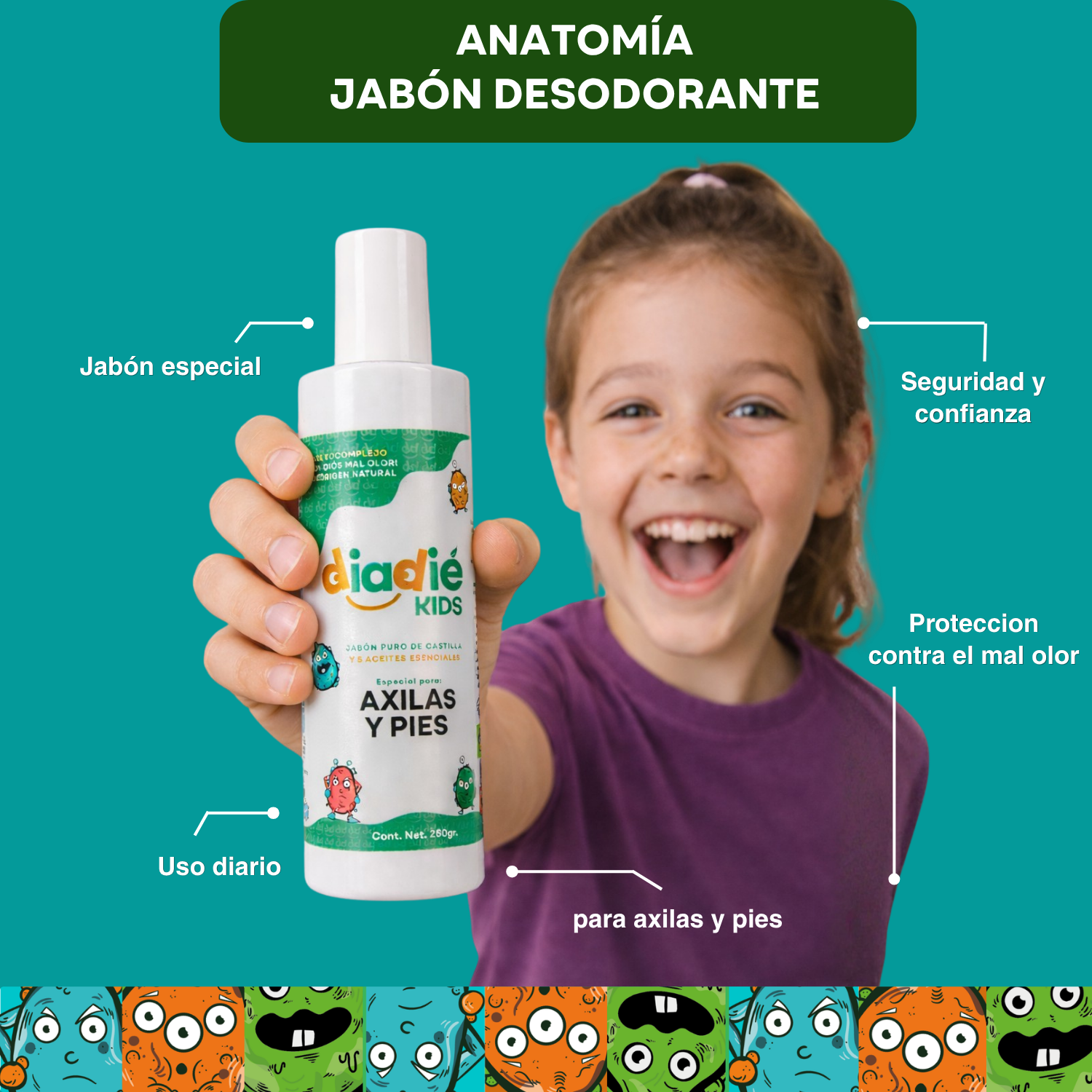DIADIE KIDS Jabón líquido desodorante para axilas y pies. Para niños. Unisex. Elimina mal olor