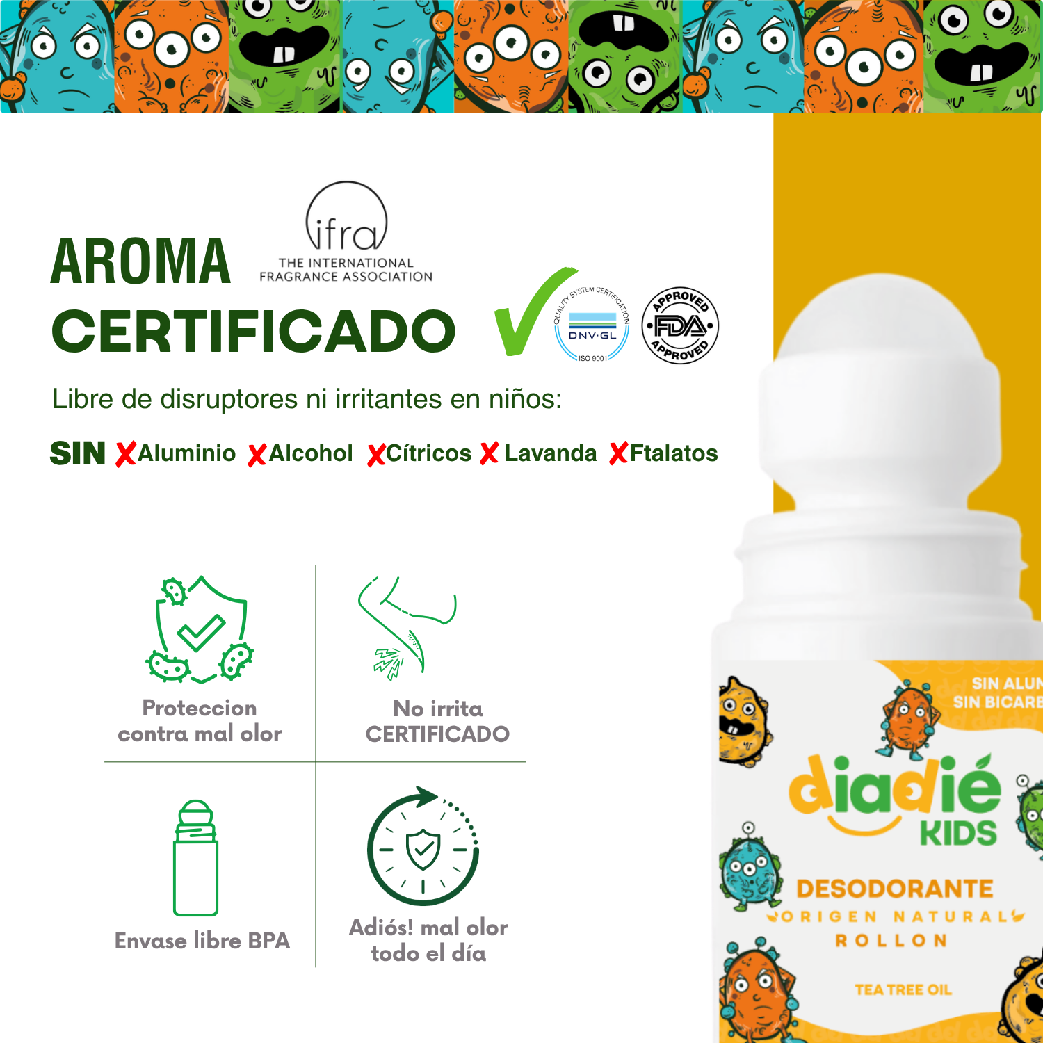 DIADIE KIDS Desodorante natural para niños. Unisex. Elimina mal olor. Rollon