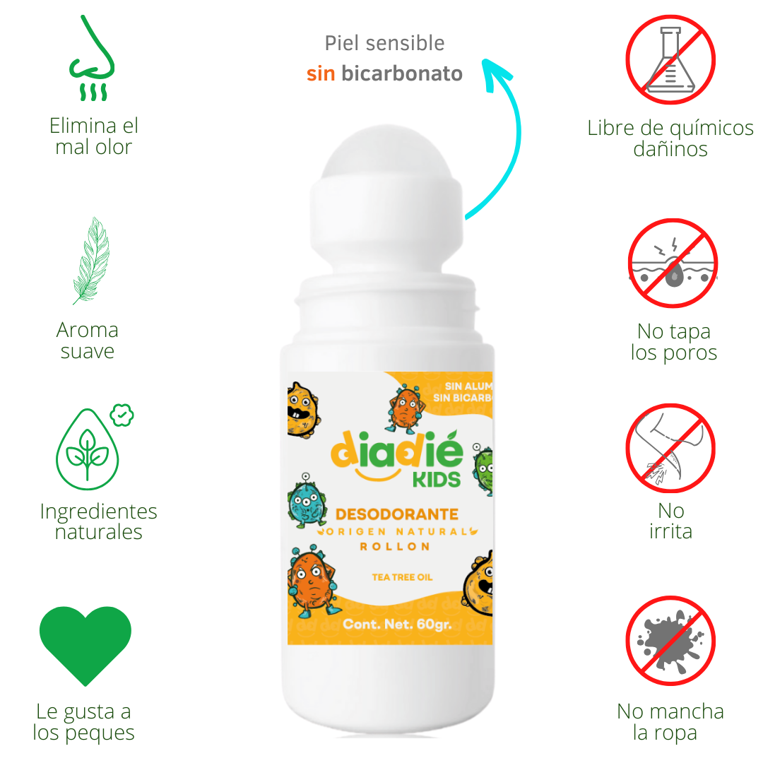 DIADIE KIDS Desodorante natural para niños. Unisex. Elimina mal olor. Rollon