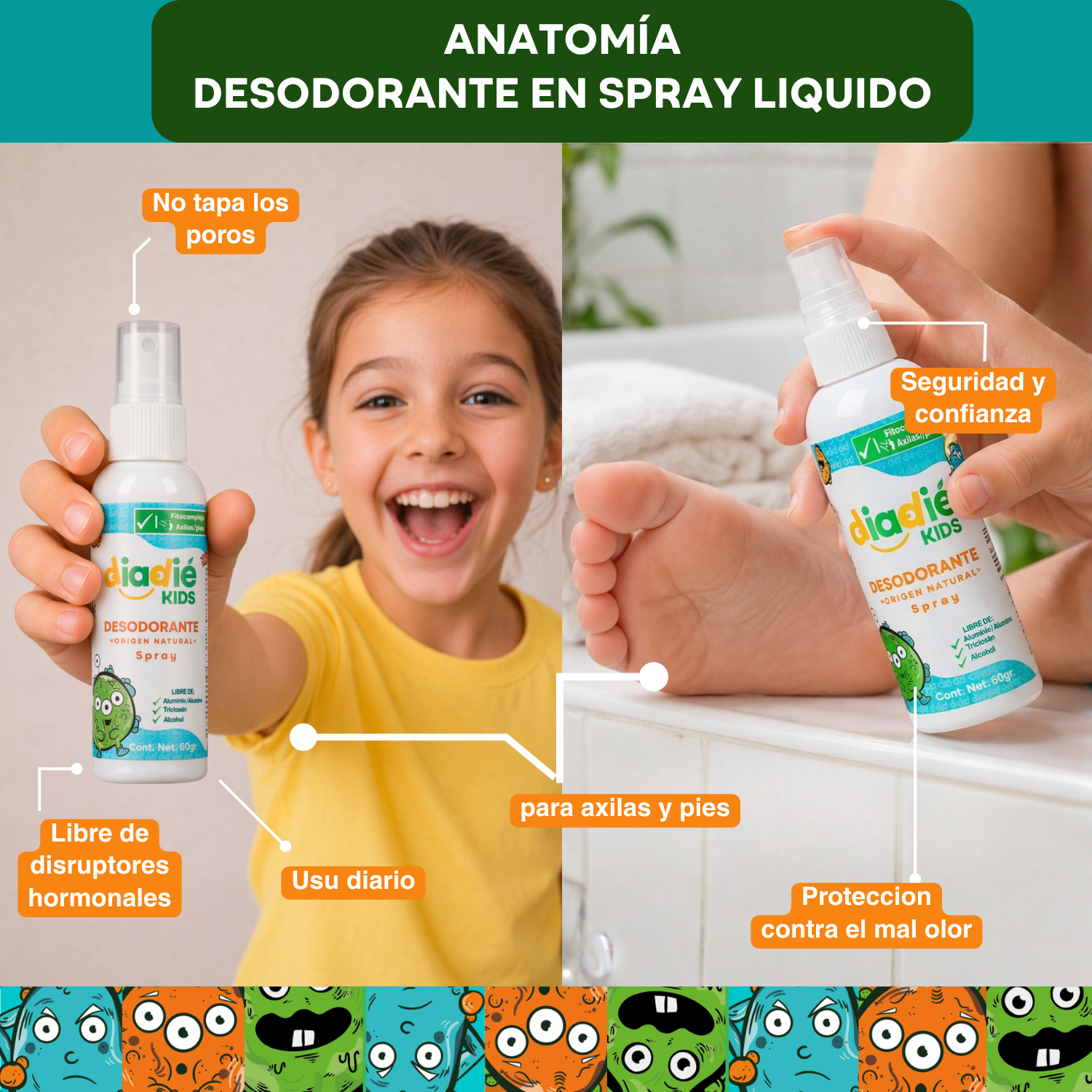 DIADIE KIDS | Desodorante Natural Para Niños en Spray liquido | Axilas y Pies | Sin Aluminio | Elimina Mal Olor | Extracto de Salvia | No irrita | 8 a 13 años | 60g | 1 Pieza