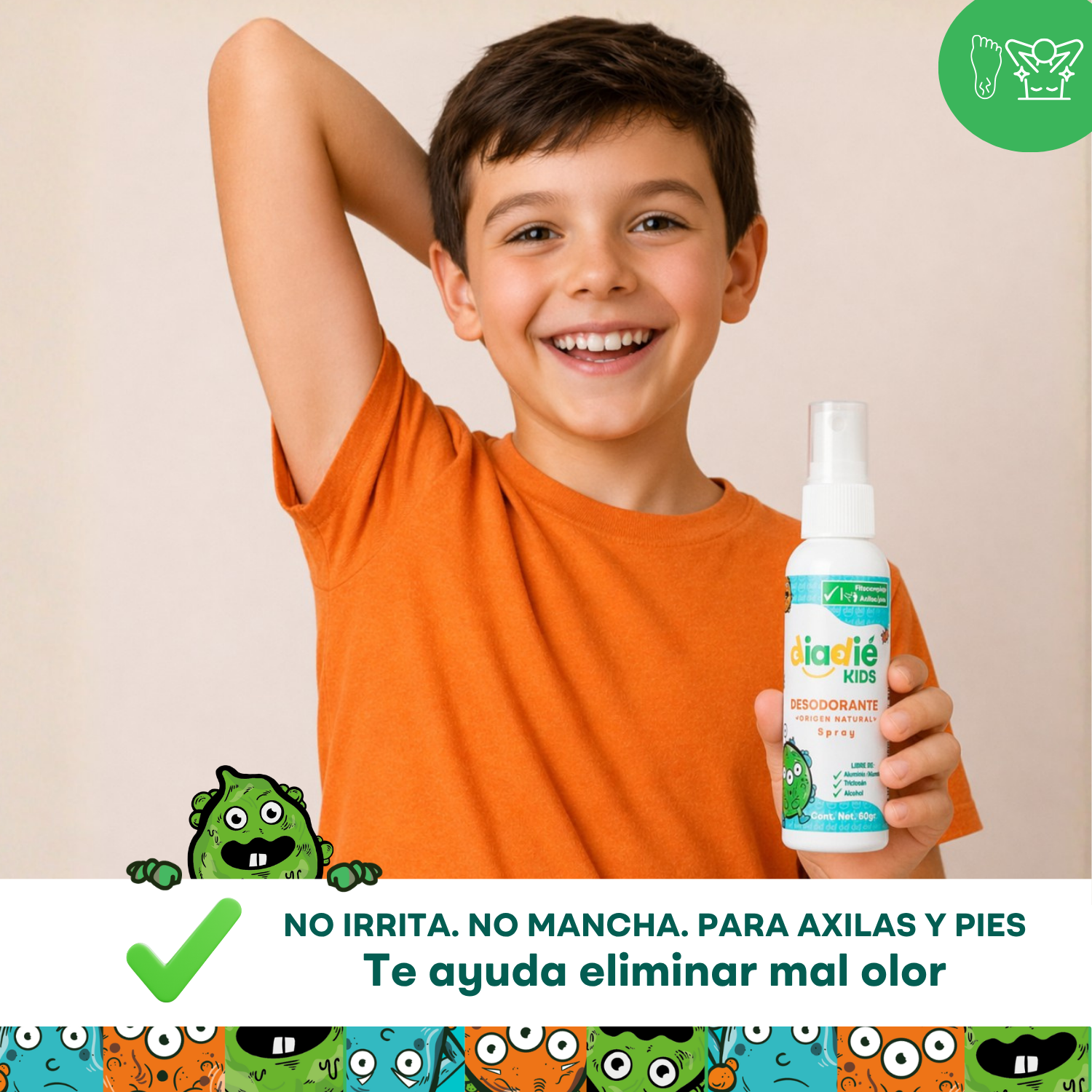 DIADIE KIDS | Desodorante Natural Para Niños en Spray liquido | Axilas y Pies | Sin Aluminio | Elimina Mal Olor | Extracto de Salvia | No irrita | 8 a 13 años | 60g | 1 Pieza