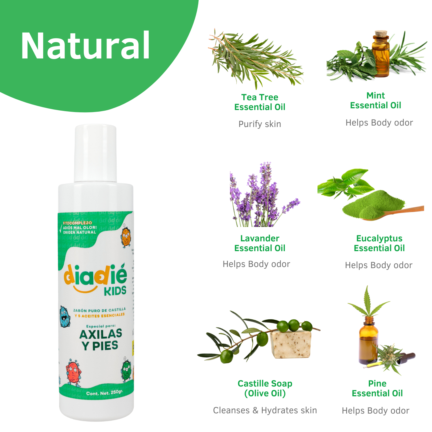 DIADIE KIDS Jabón líquido desodorante para axilas y pies. Para niños. Unisex. Elimina mal olor