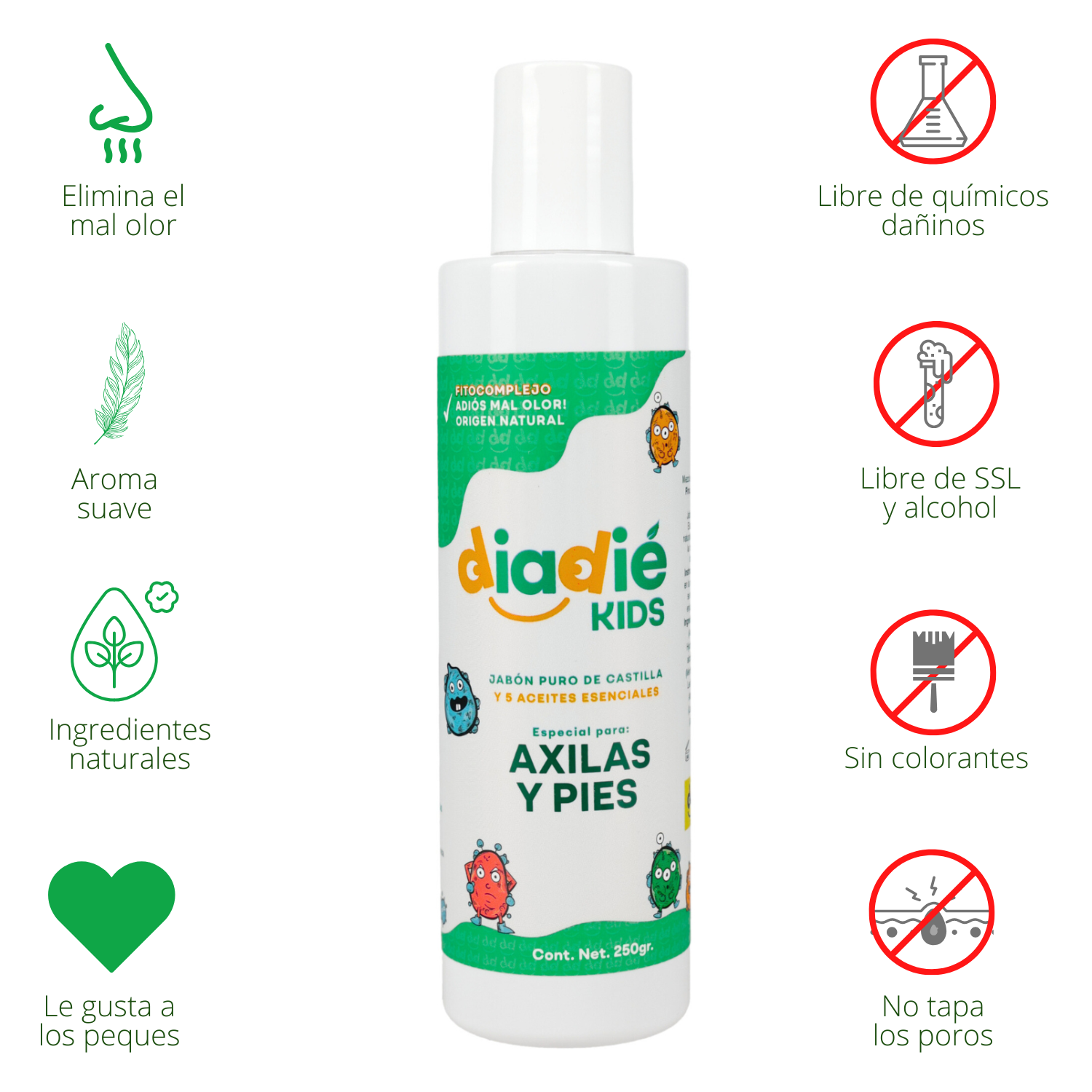 DIADIE KIDS Jabón líquido desodorante para axilas y pies. Para niños. Unisex. Elimina mal olor