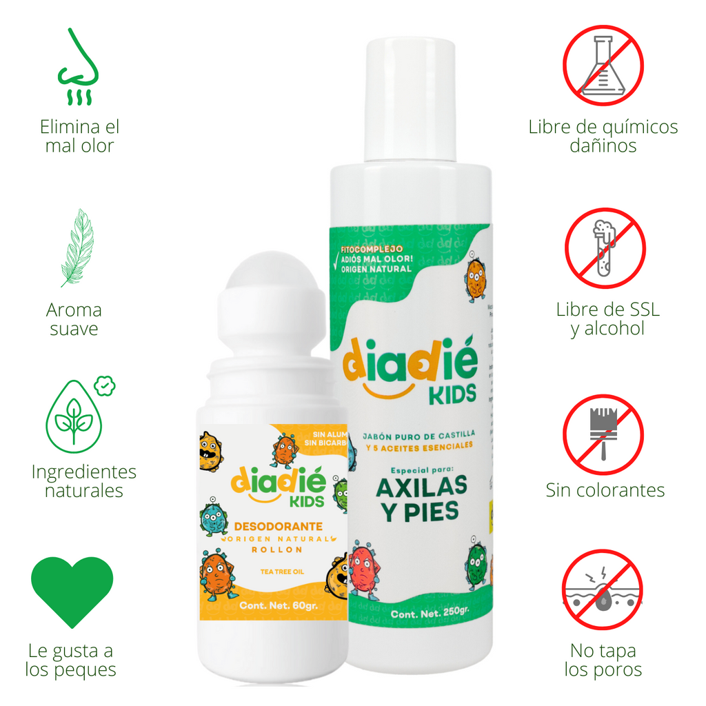 DIADIE KIDS Jabón líquido desodorante para axilas y pies. Para niños. Unisex. Elimina mal olor