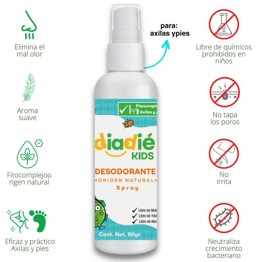DIADIE KIDS Desodorante natural para niños. Unisex. Elimina mal olor. Spray liquido rociador