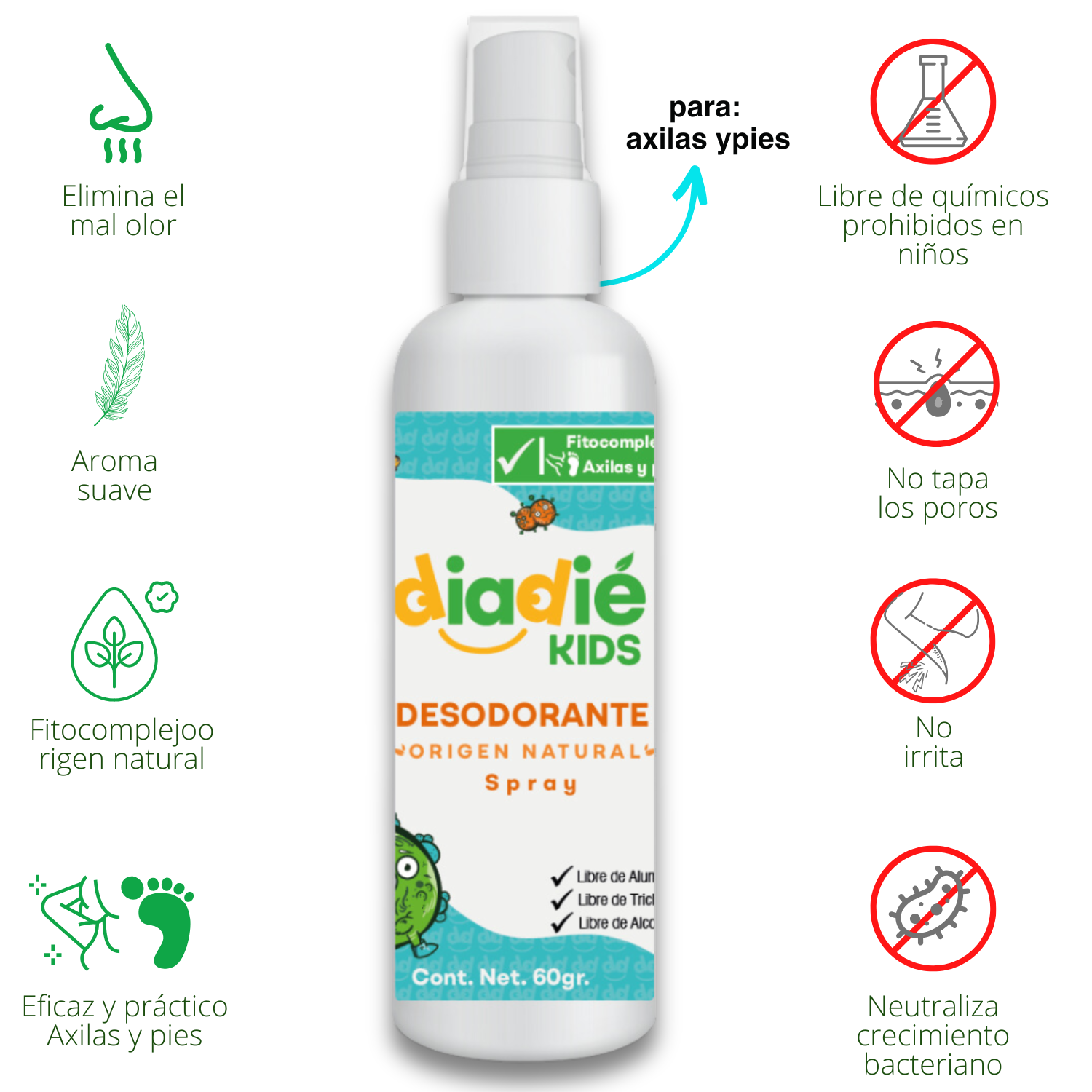 DIADIE KIDS Desodorante natural para niños. Unisex. Elimina mal olor. Spray liquido rociador