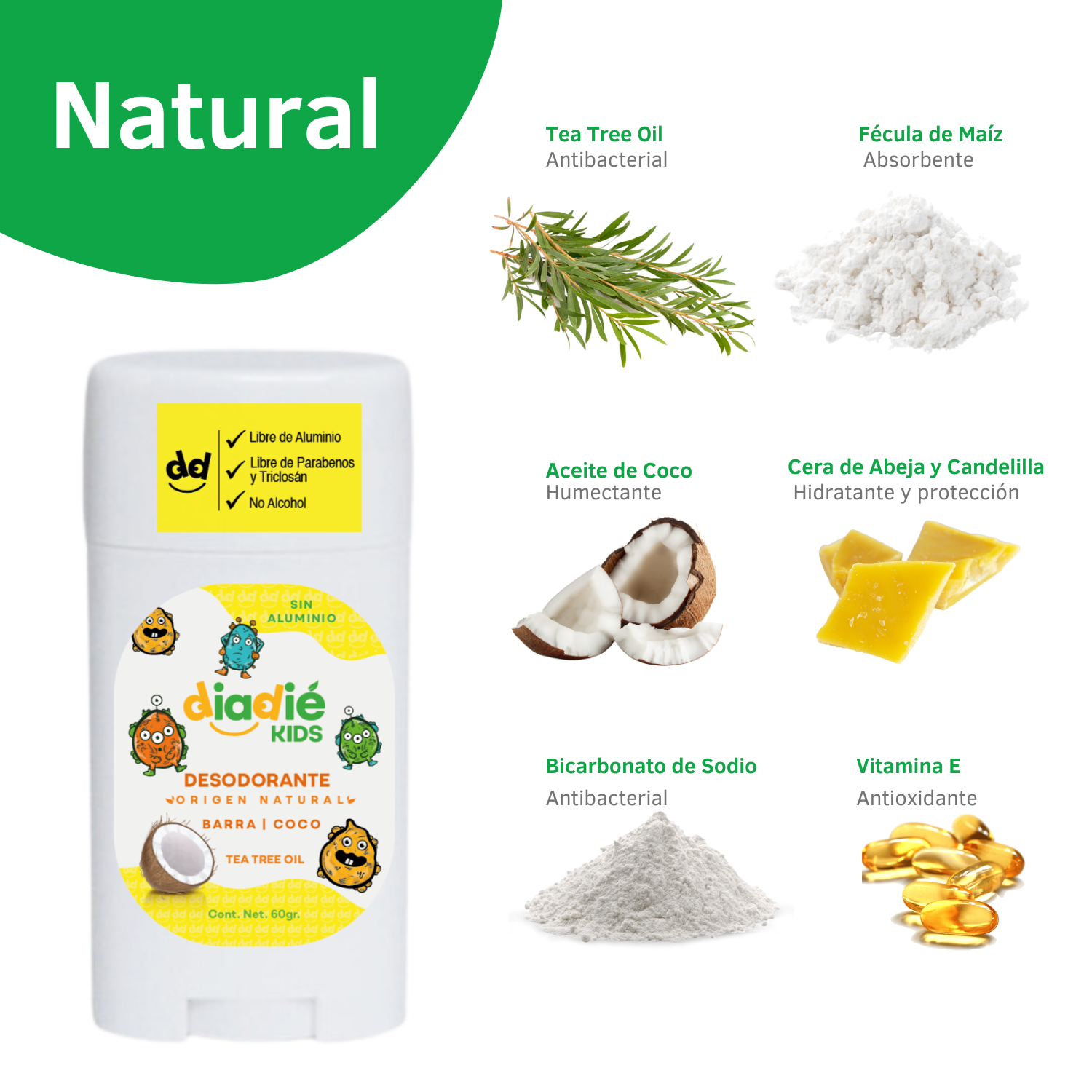 DIADIE KIDS Desodorante natural para niños. Elimina mal olor. Barra. Unisex