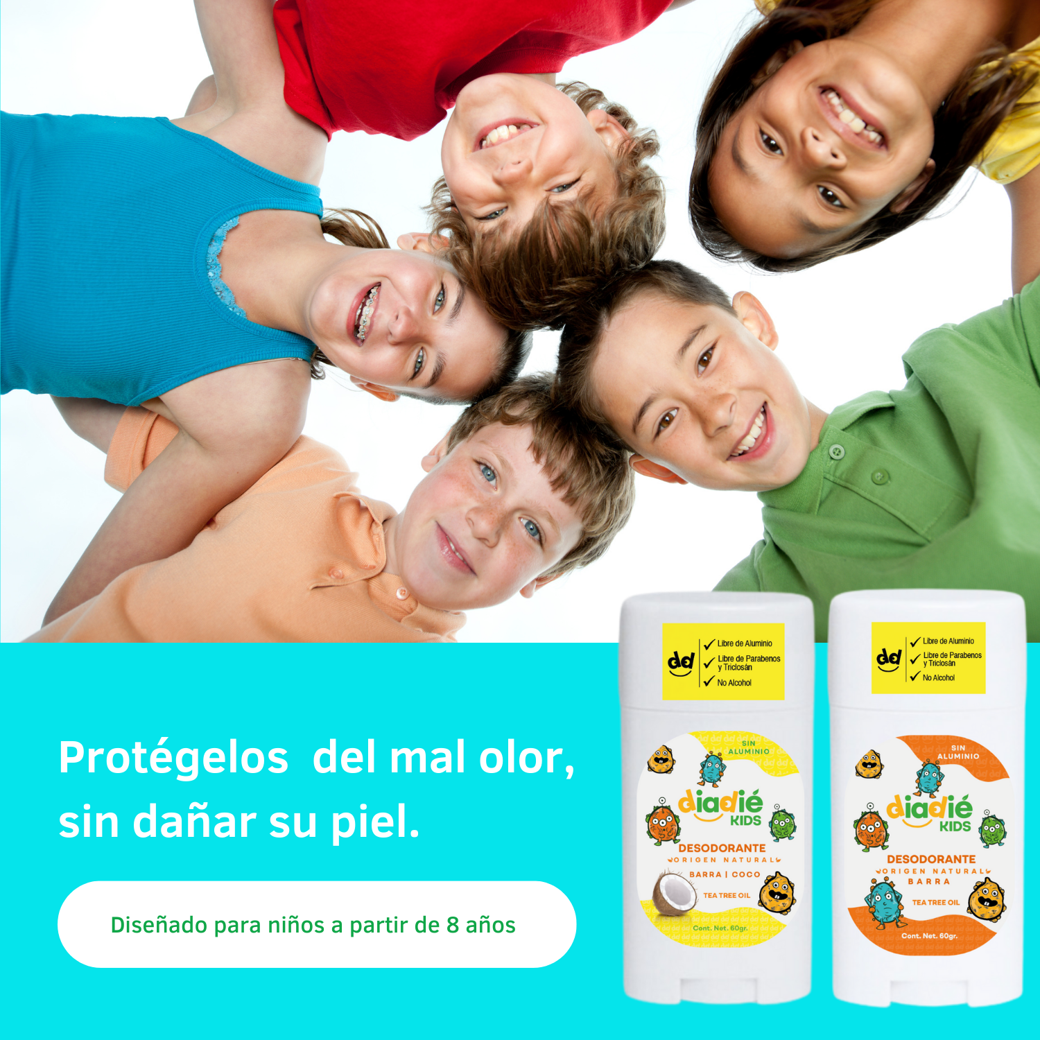 DIADIE KIDS Desodorante natural para niños. Elimina mal olor. Barra. Unisex
