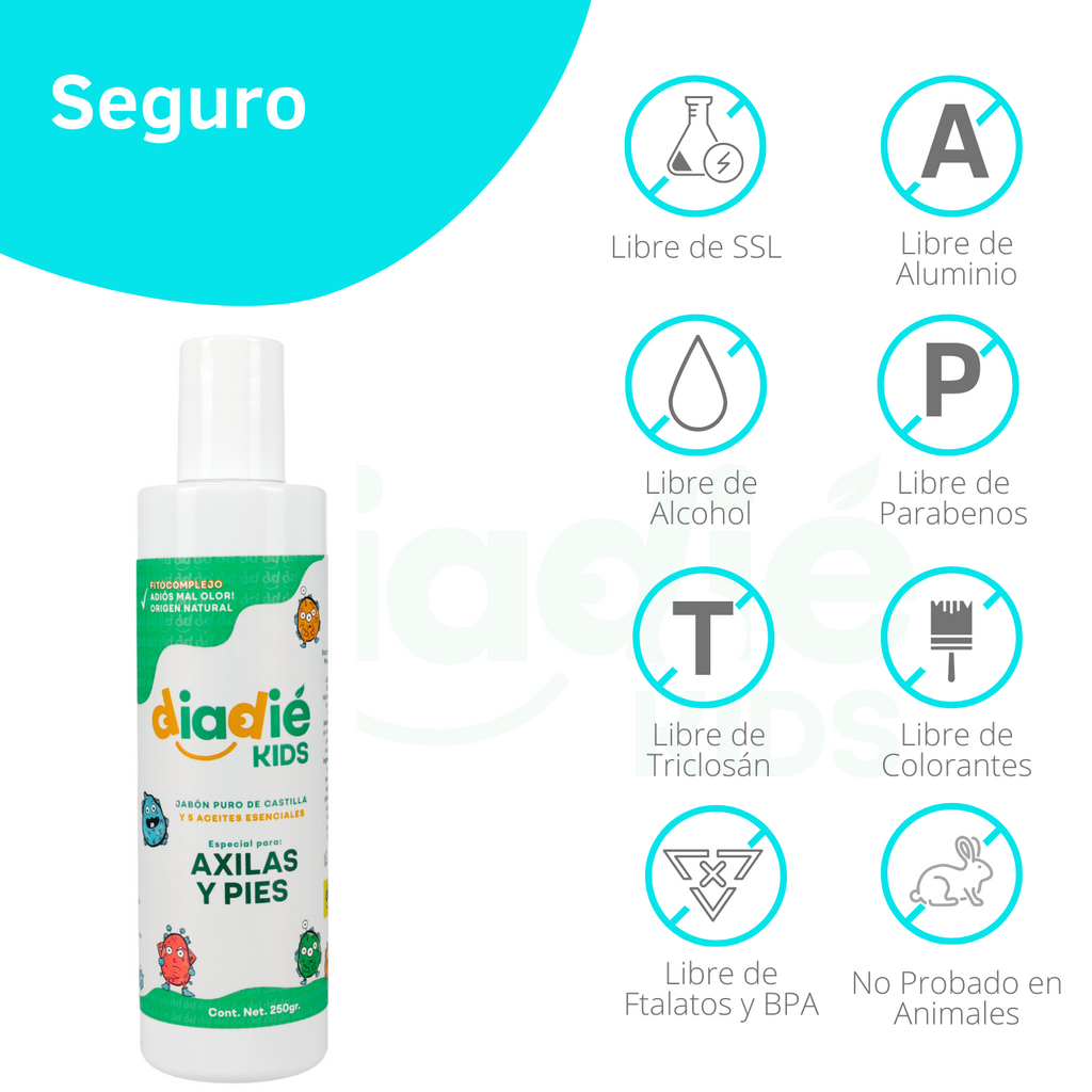 DIADIE KIDS Jabón líquido desodorante para axilas y pies. Para niños. Unisex. Elimina mal olor
