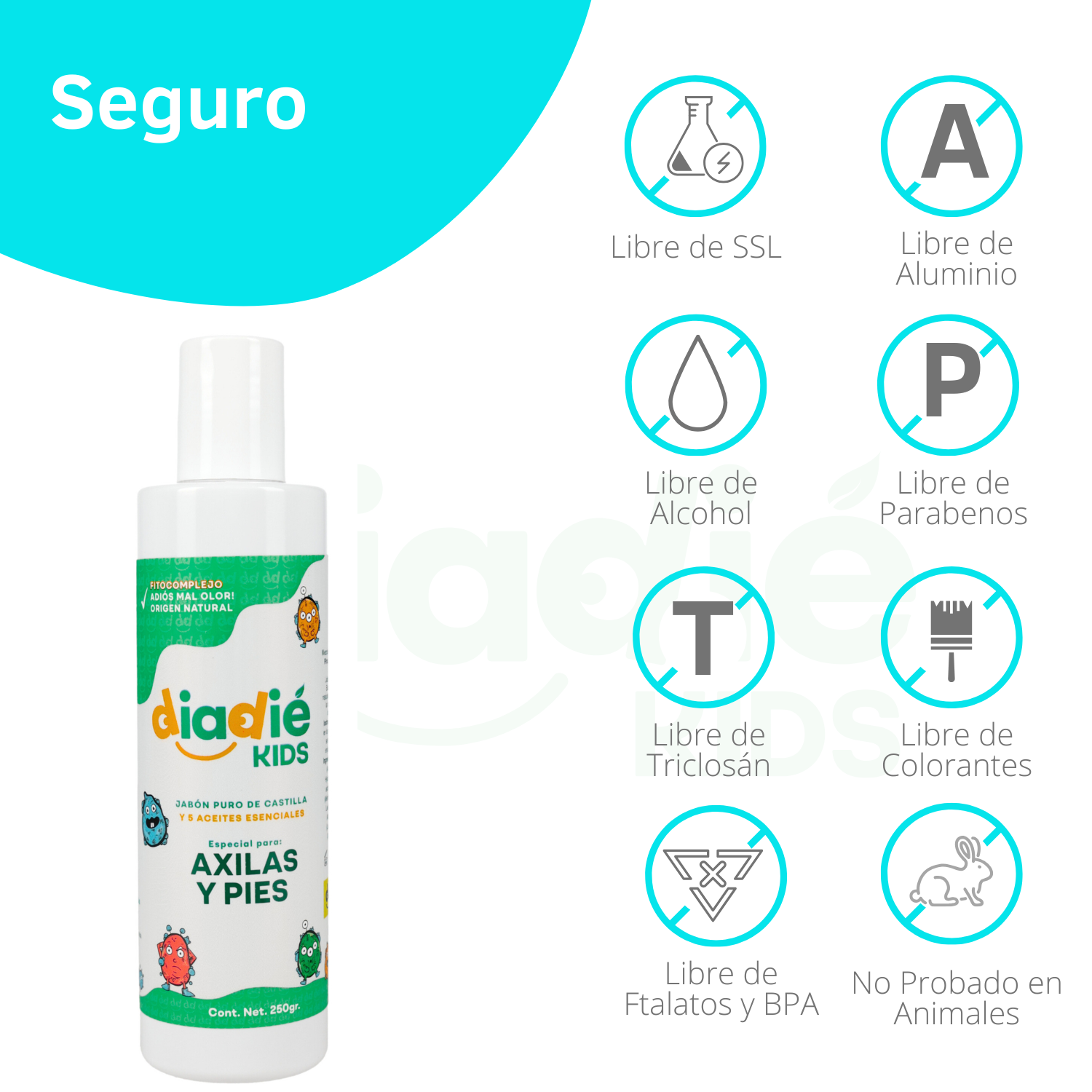 DIADIE KIDS Jabón líquido desodorante para axilas y pies. Para niños. Unisex. Elimina mal olor