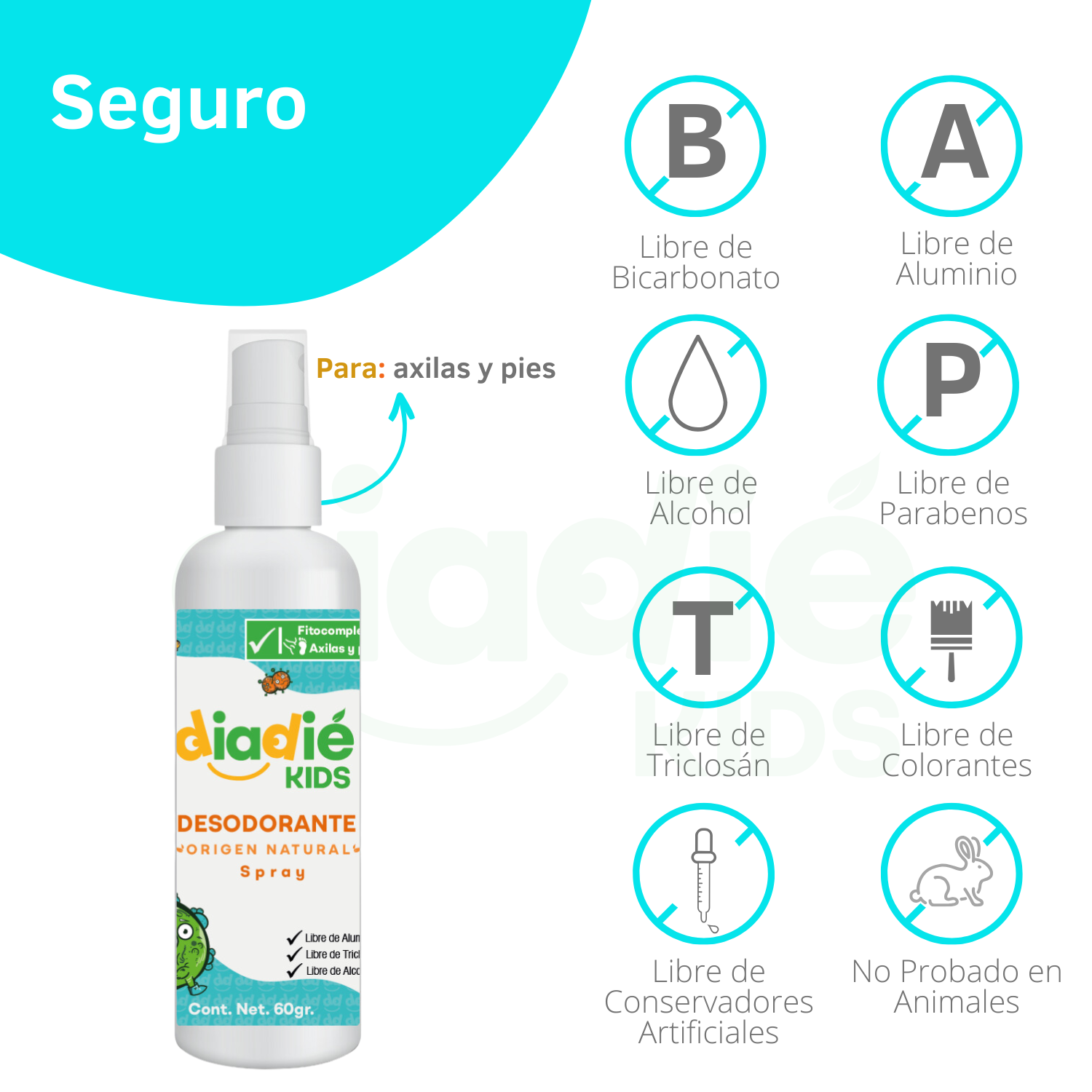 DIADIE KIDS Desodorante natural para niños. Unisex. Elimina mal olor. Spray liquido rociador