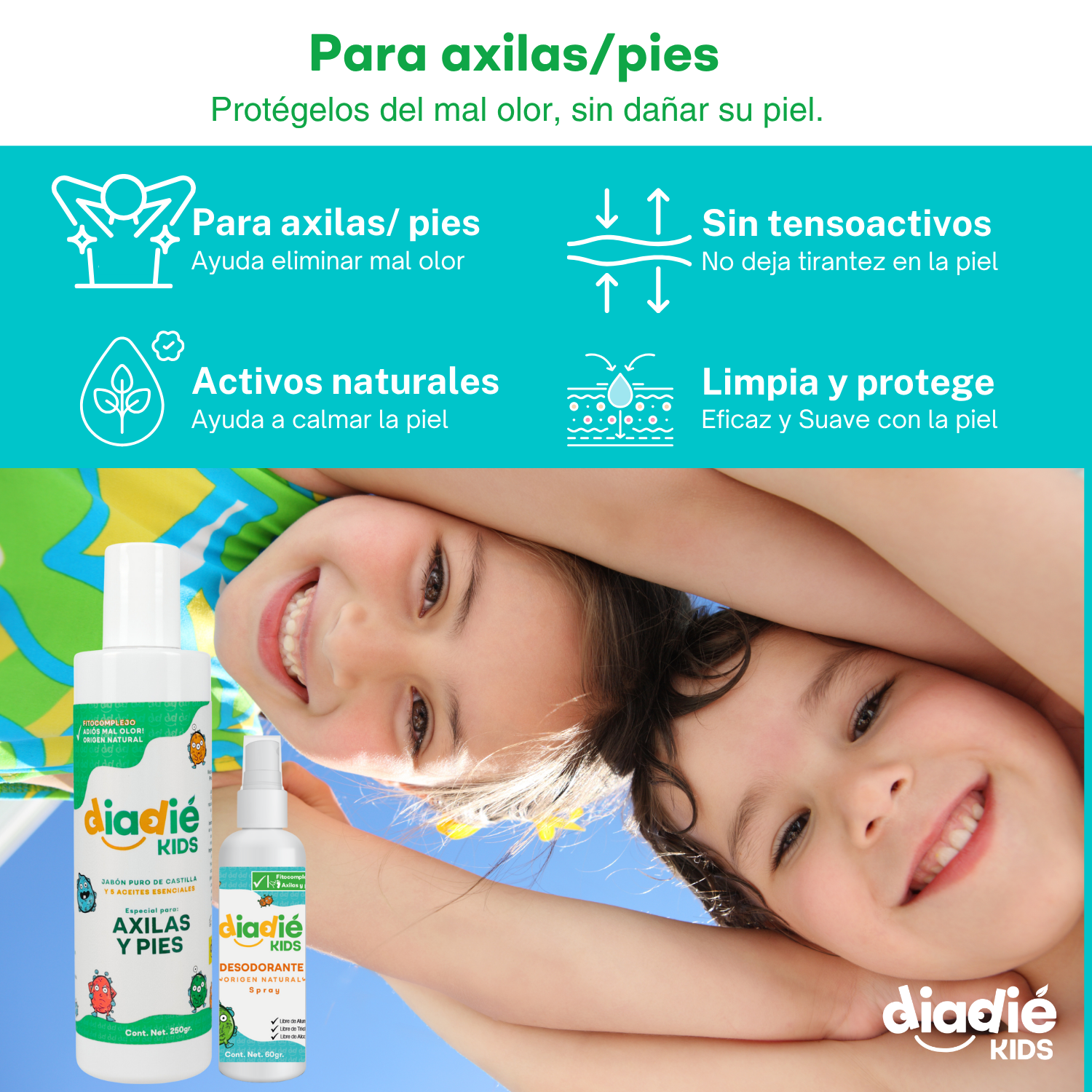 DIADIE KIDS Jabón líquido desodorante para axilas y pies. Para niños. Unisex. Elimina mal olor