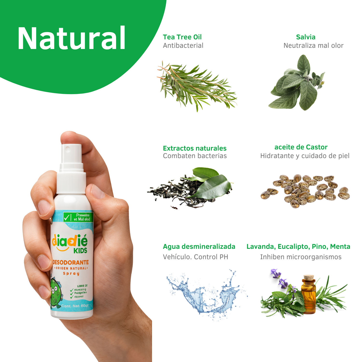 DIADIE KIDS Desodorante natural para niños. Unisex. Elimina mal olor. Spray liquido rociador